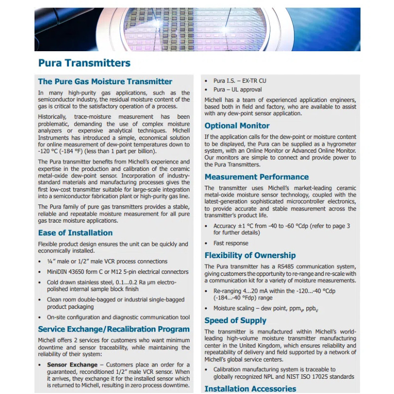Michell Instruments Pur-Tx-2W+(-120-40) Pure Gas Dewpoint Transmitter