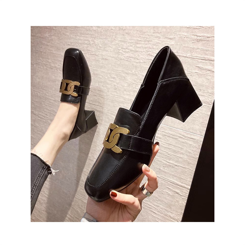 Thick High-Heeled Shoes for Women 2025 Spring New Korean Style Small Leather Shoes French Brown Square Toe Loafers Genuine Leather