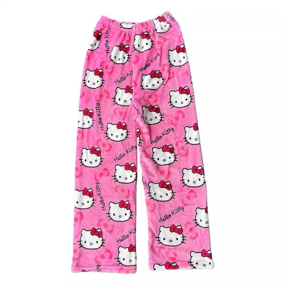Foreign Trade Halloween Cartoon Kt Cat Flannel Pajamas Women's Autumn and Winter Fleece-Lined Warm Casual Home Graffiti Pants