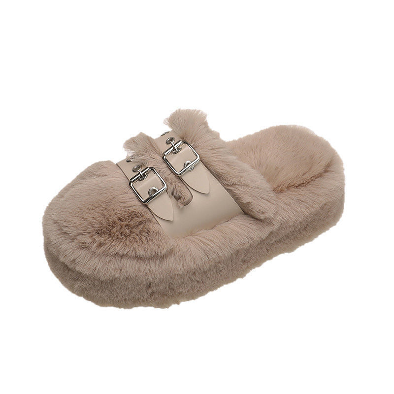 British Style Furry Slippers for Women to Wear Outside 2025 New Korean Style Elegant Versatile Autumn and Winter Ladies Thick-Soled Cotton Slippers