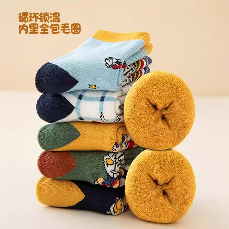 5 pairs free shipping thickened warm children's socks autumn and winter warm fleece-lined Terry socks medium and big Children baby socks long tube