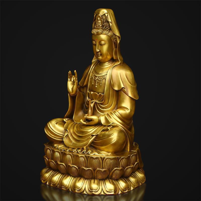 Brass Guanyin Buddha Statue Ornament with a Pure Water Bottle, Willow Branches, and Sitting on a Lotus Platform, Suitable for Home Decor, Large and Small Sizes, Nansha Guanyin Bodhisattva in Copper