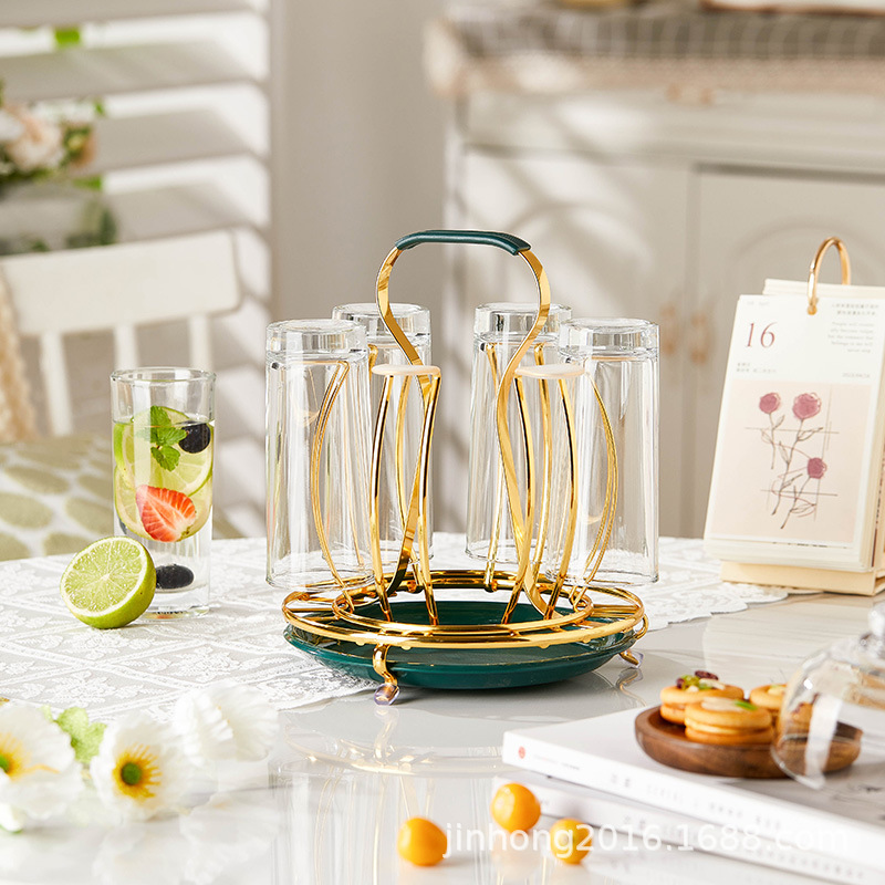 Wholesale Iron Round Drum-Shaped Drain Cup Holder Light Luxury Creative European Style Floor-Mounted Water Cup Hanger Kitchen Water Set Storage Rack