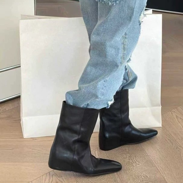 Cowhide Version ~ Retro British Style Square Toe Inner Heightening Mid-Calf Boots Short Boots for Women 2025 New Versatile Slim Boots
