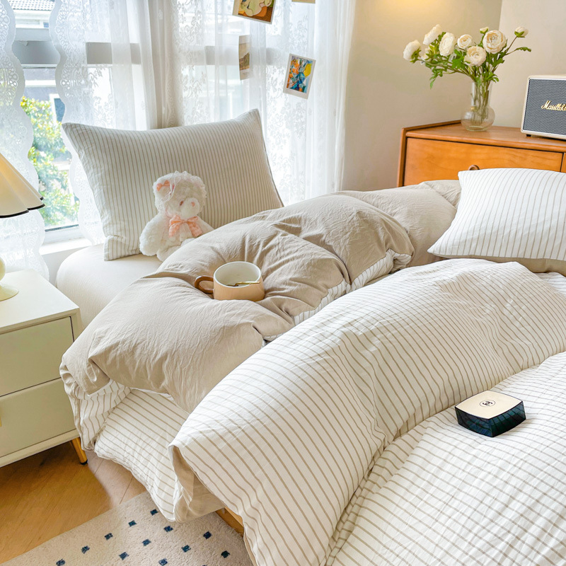 Дружественный к коже стирка хлопок, трехпредметный комплект в полоску для студенческого общежития, односпальный и двуспальный пододеяльник, наволочка, оптовая продажа с перекрестной доставкой