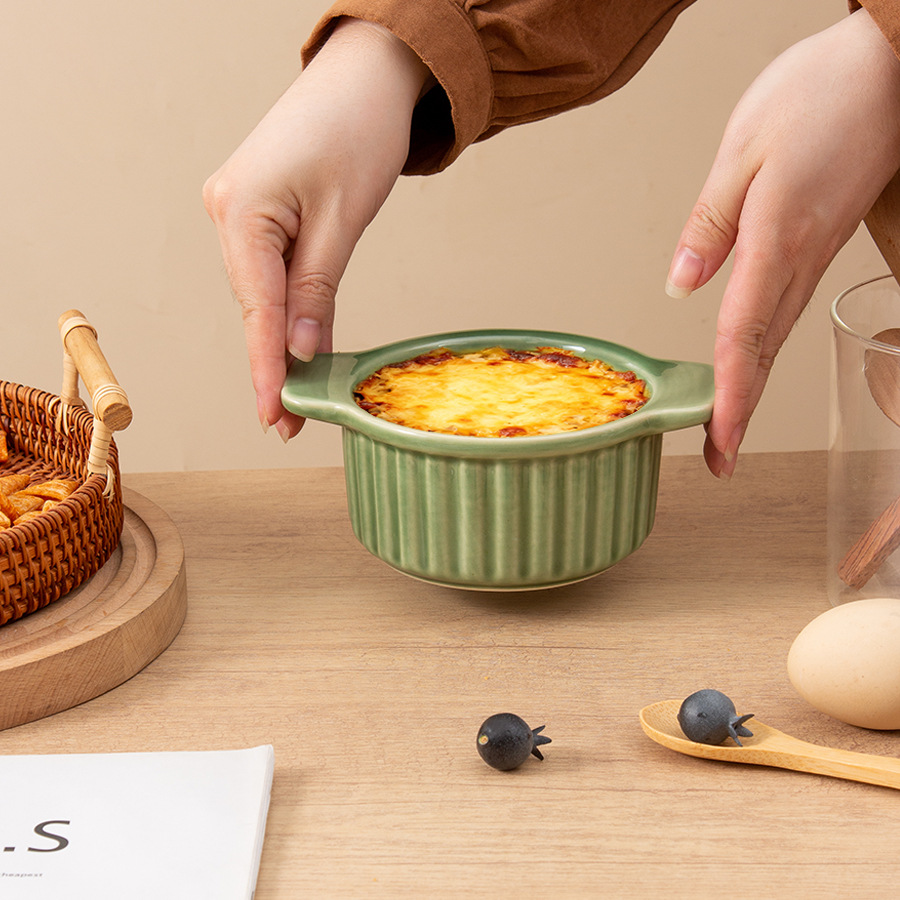 Customized Cross-Border Kiln-Turned Ceramic Baking Bowl, High-Looking Simple Baked Rice Bowl, Microwave Oven, Household Double-Eared Baking Bowl, Customized