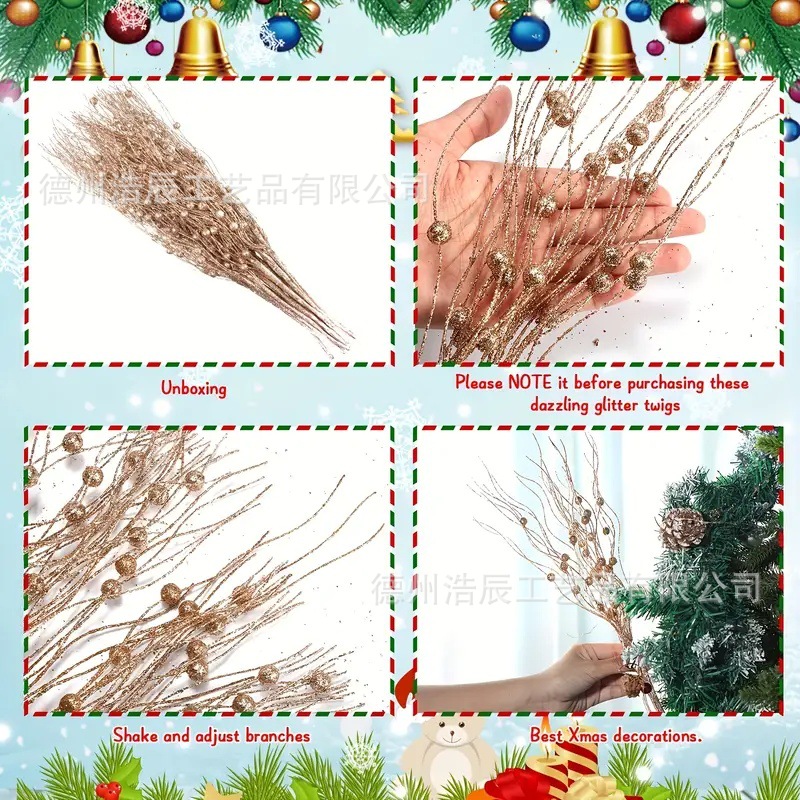 Cross-Border Popular Curved Ribbon Fruit Berry Stem Christmas Gold Powder Cutting Accessories Holiday Celebration Christmas Artificial Flowers Wholesale