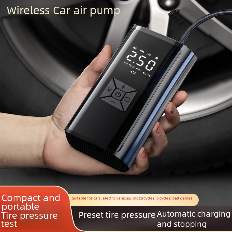 Portable Air Pump for Car and Motorcycle Tires, Wireless Charging, Digital Display, Automatic Start-Stop, Electric Vehicle Air Pump
