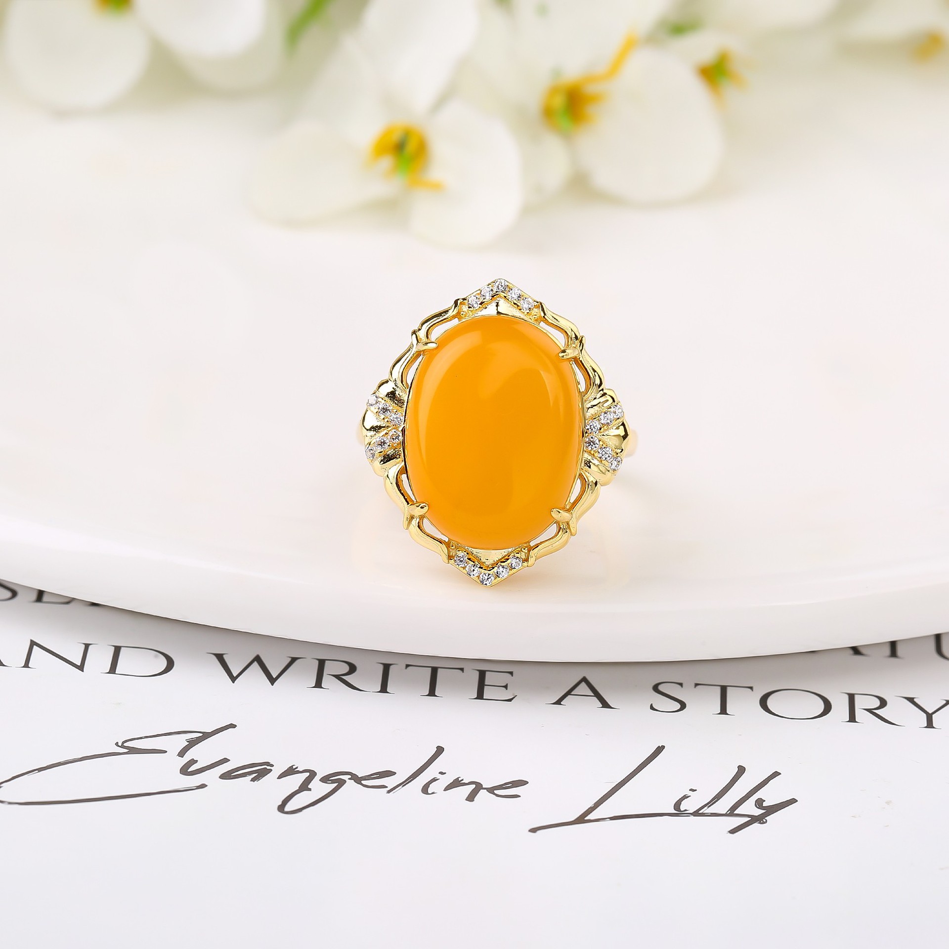 S925 Silver Natural Russian Amber Simple and Elegant Smooth Fashion Retro Set Pendant Earrings Ring