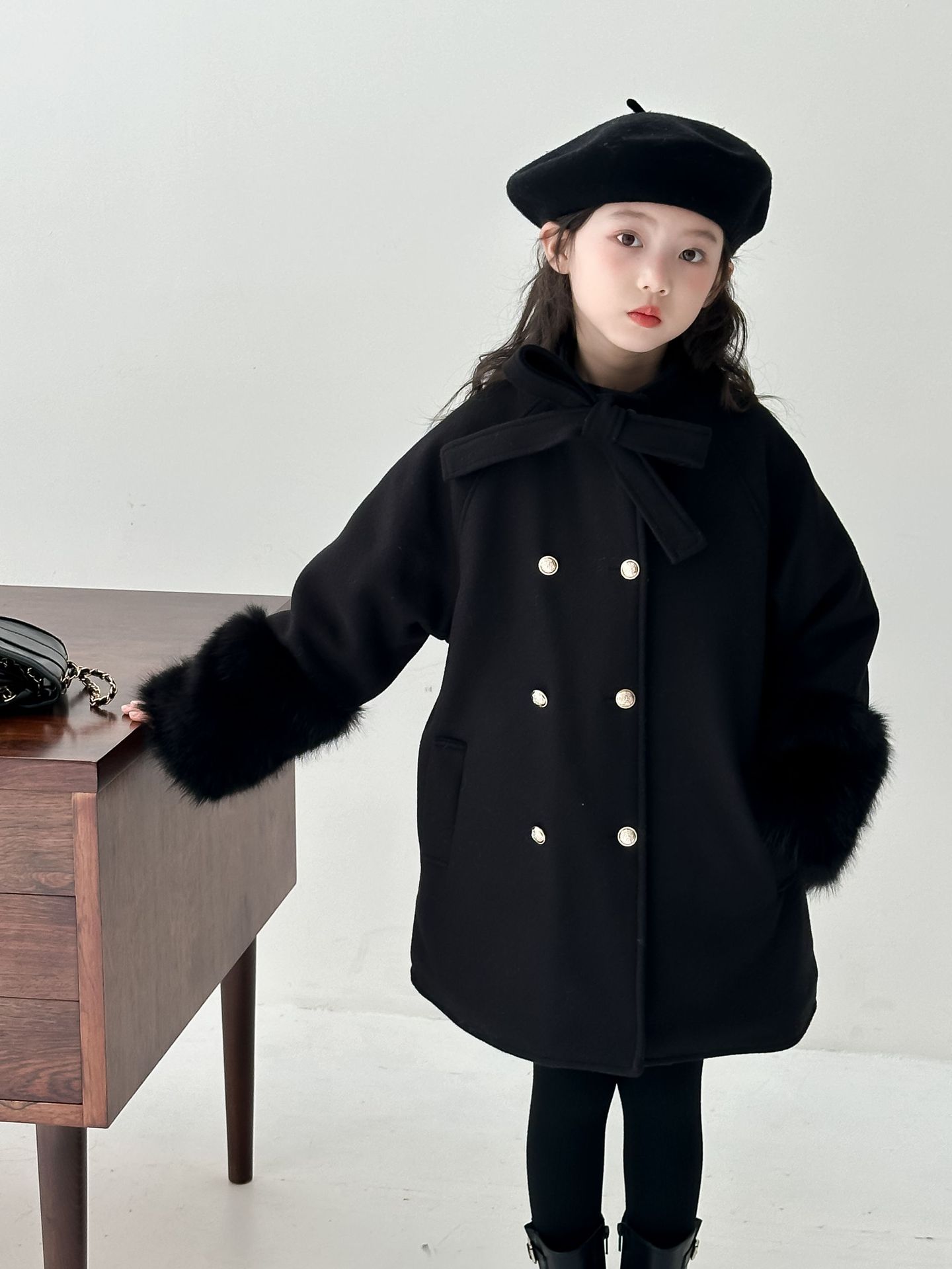 Children's Clothing 2025 Winter New Style Girls' Rich Flower Gold Buckle Bow Thousand-Golden Wool Coat Girl's Elegant Style Jacket