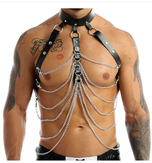 Amazon Hot Sale Sexy Metal Chain Body Chain Chest PU Leather Tie Bodice Tie Belt Clothes in stock