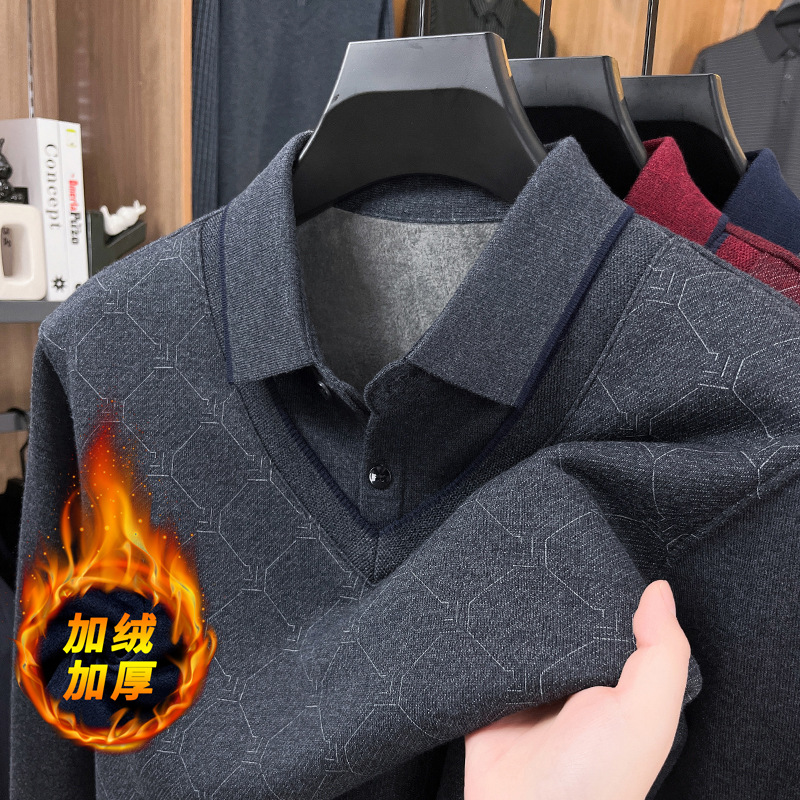 зимний свитер с флисовой подкладкой, утолщенный, для мужчин, повседневный, с отложным воротником, фейковый двукомпонентный теплый базовый свитер для мужчин среднего и пожилого возраста