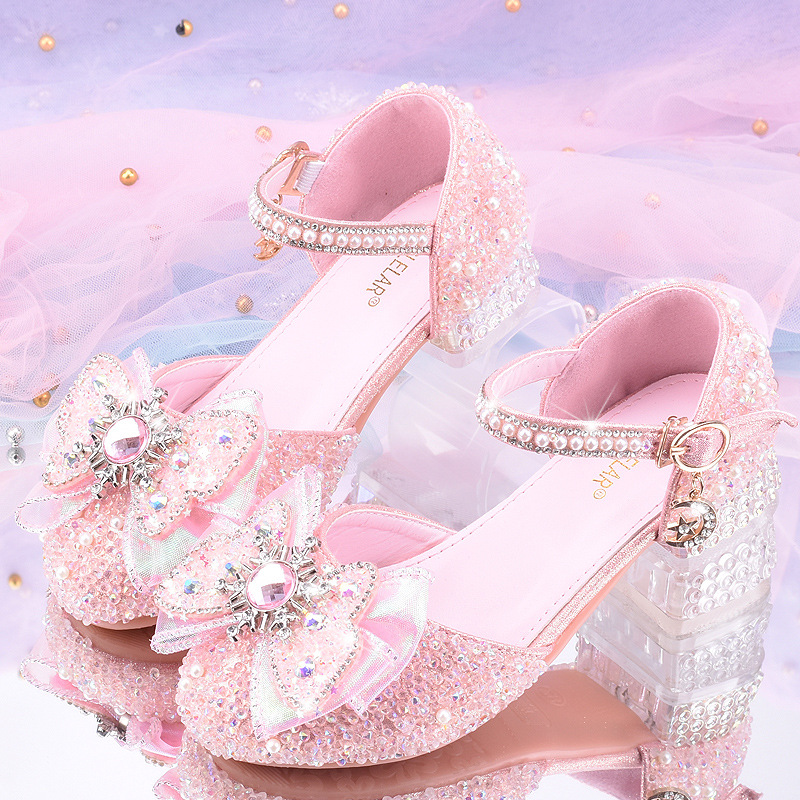 Girls Crystal Princess Shoes White Kidsren's High Heels Model Catwalk Piano Host with Dress Performance Single Leather Shoes