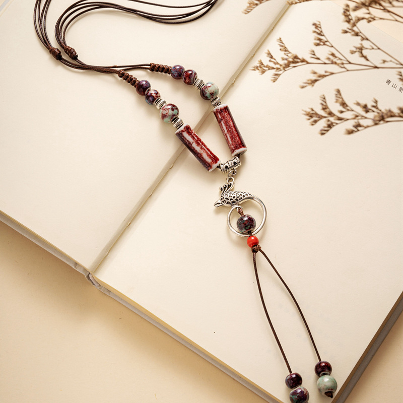Jingdezhen Ceramic Jewelry Butterfly Wool Chain Long Necklace Clothes Pendant Long All-match Ethnic Women