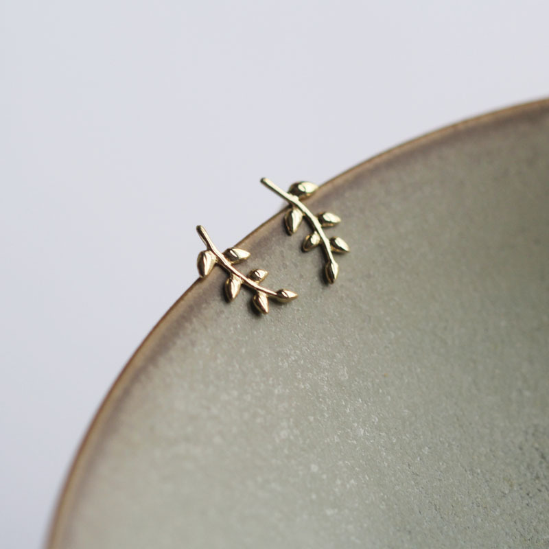 Pure 9k gold mini elegant leaves branches Japanese and Korean ins style small ear studs