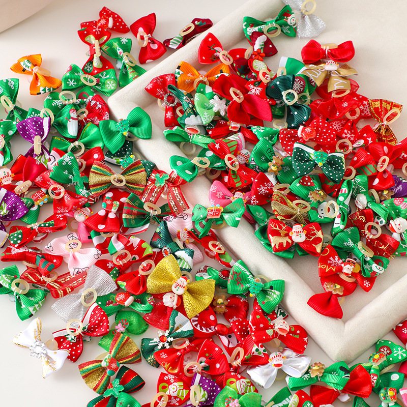 Cross-border Hot-selling Christmas Pet Bow Head Flower Rubber Tendon Cute Pet Curly Flower Headwear Accessories Bow Tie in stock