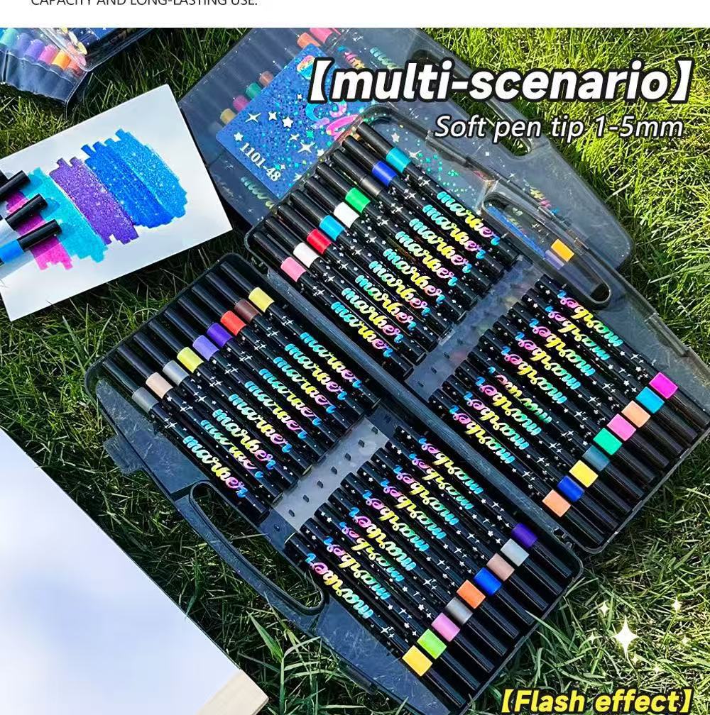 Factory Direct Supply Double-Ended Glitter Pen Marker Pen Soft Tip Two-Color Hair Painting Glitter Pen Watercolor Pen Stationery Wholesale