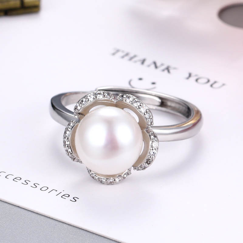 Cross-Border New Freshwater Pearl Petals Micro-Inlaid Ring for Women Adjustable Creative Personalized Ring DIY Empty Support Jewelry