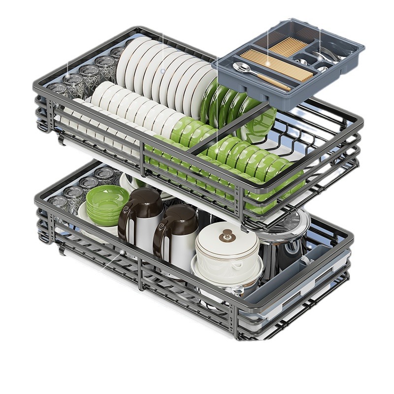 Pull Basket Kitchen Cabinet Drawer-Type Double-Layer Dish Rack 304 Stainless Steel Pull Basket Seasoning Storage Pull Blue
