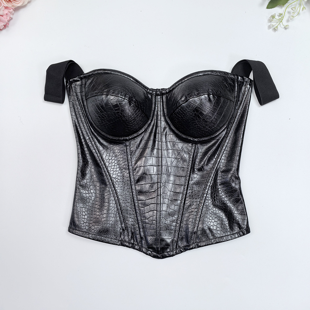 Crocodile Pattern Pu Leather Skirt Suit Sexy Glossy Patent Leather High-End Body Shaping Top Strong Compression Belly Fishbone Bra