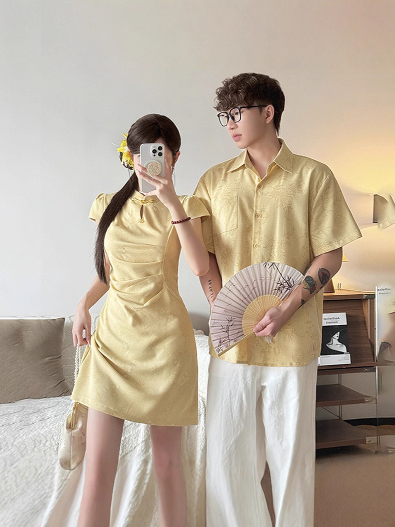 Chinese Style Couple's Short-Sleeve Shirt Summer Improved Waist Versatile Short Women's Design Cheongsam Dress