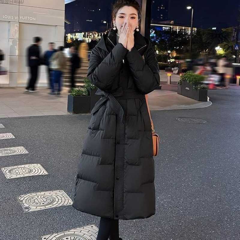 Невременная новая зимняя куртка из пуха для женщин, средней длины, выше колена, стройнящая на талии, куртка большого размера из хлопка, модная, плюшевая