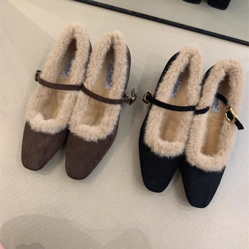 Thick-heeled Mary Jane Shoes Women's 2024 Winter French Elegant Elegant Fluffy Square Toe Shallow Mouth Warm High-heeled Cotton Shoes