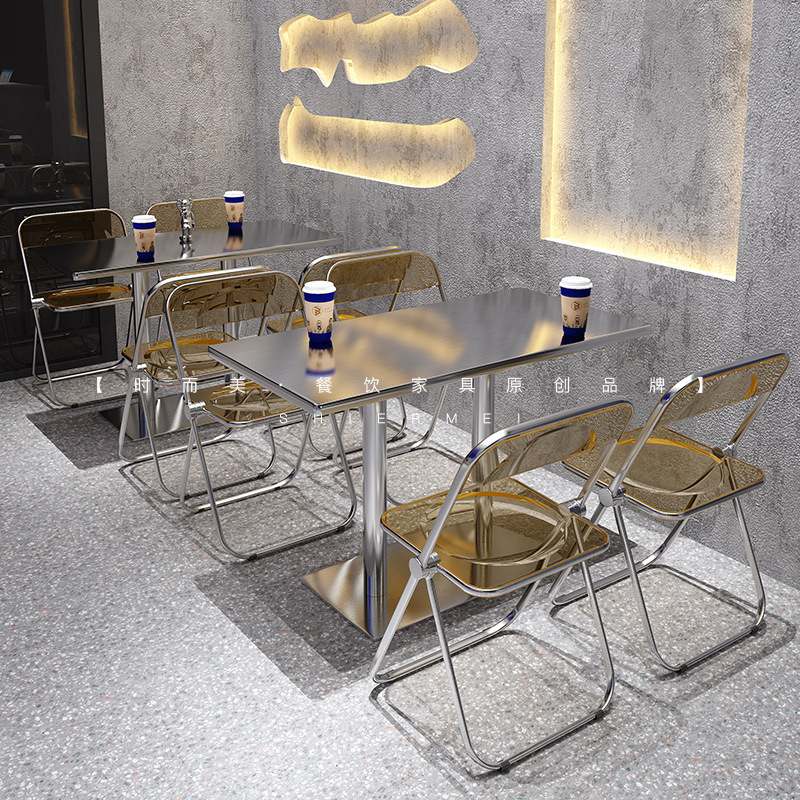 Coffee Shop, Milk Tea Shop, Dessert Shop Tables and Chairs, Industrial Style Stainless Steel Transparent Folding Chairs, Trendy Bakery Cake Shop Set