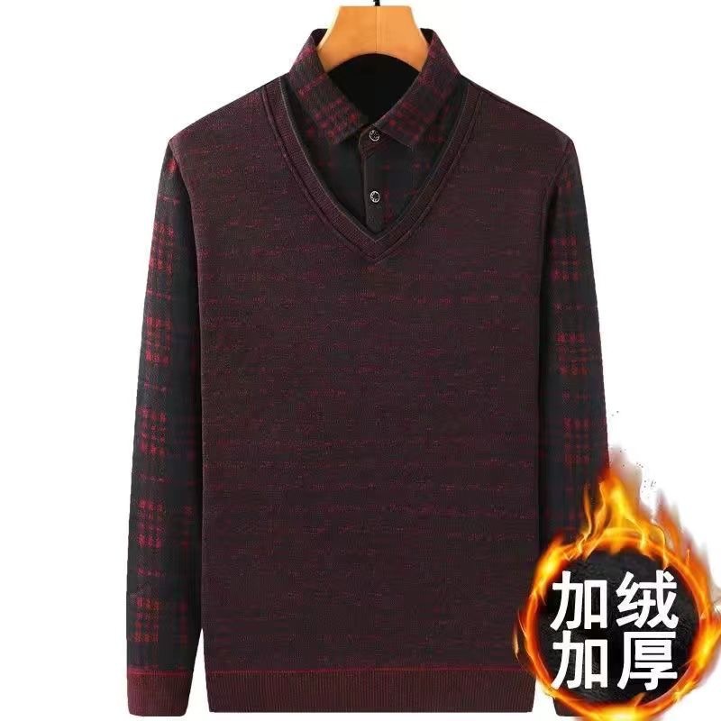 Middle-aged fleece-lined thickened sweater men's middle-aged and elderly men's fake two-piece T-shirt dad winter knitted warm top