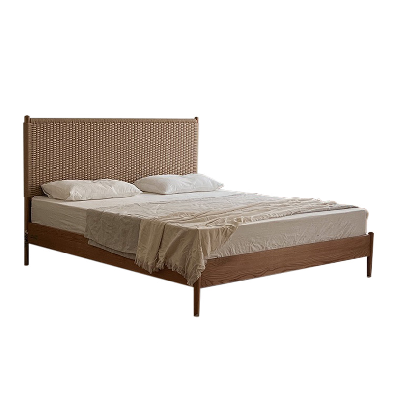 Nordic Rattan Double Bed, Wabi-Sabi Style, Popular in Internet-Famous Guesthouses and Hotels, Indoor Home Use, Vintage Style Solid Wood Bed, Simple Design