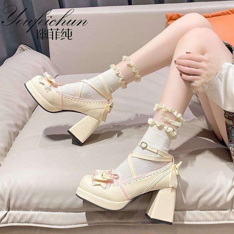 Original Lolita Thick Heel Thick Sole Waterproof Platform Blue Japanese Style Soft Girl Sweet and Cute Bow Shoes for Women