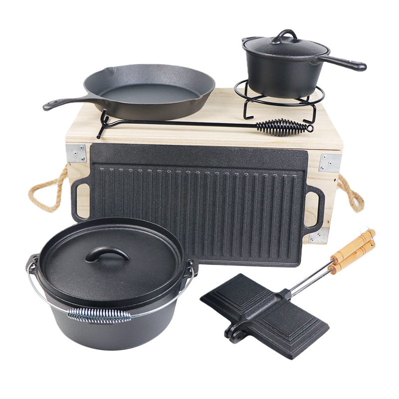 Outdoor pot set combination cast iron pot camping pot cast iron Dutch pot wooden box suit picnic tableware set camp