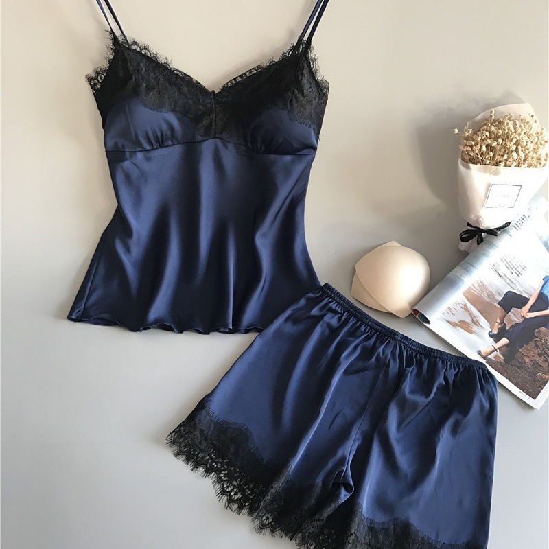 2019 Suspender Pajamas for Women Summer Sexy Ice Silk Two-Piece Suit with Silk Shorts Push-Up Large Size Thin Home Clothes