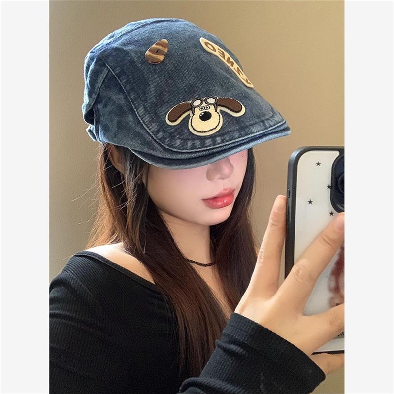 Puppy Button Denim Forward Hat for Women, Spring/Summer Washed Vintage Beret, Large Head Circumference, Face-Slimming Small Hat Trend