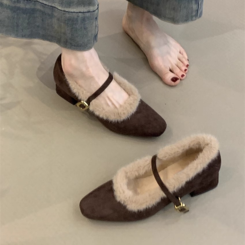 Thick-heeled Mary Jane Shoes Women's 2024 Winter French Elegant Elegant Fluffy Square Toe Shallow Mouth Warm High-heeled Cotton Shoes