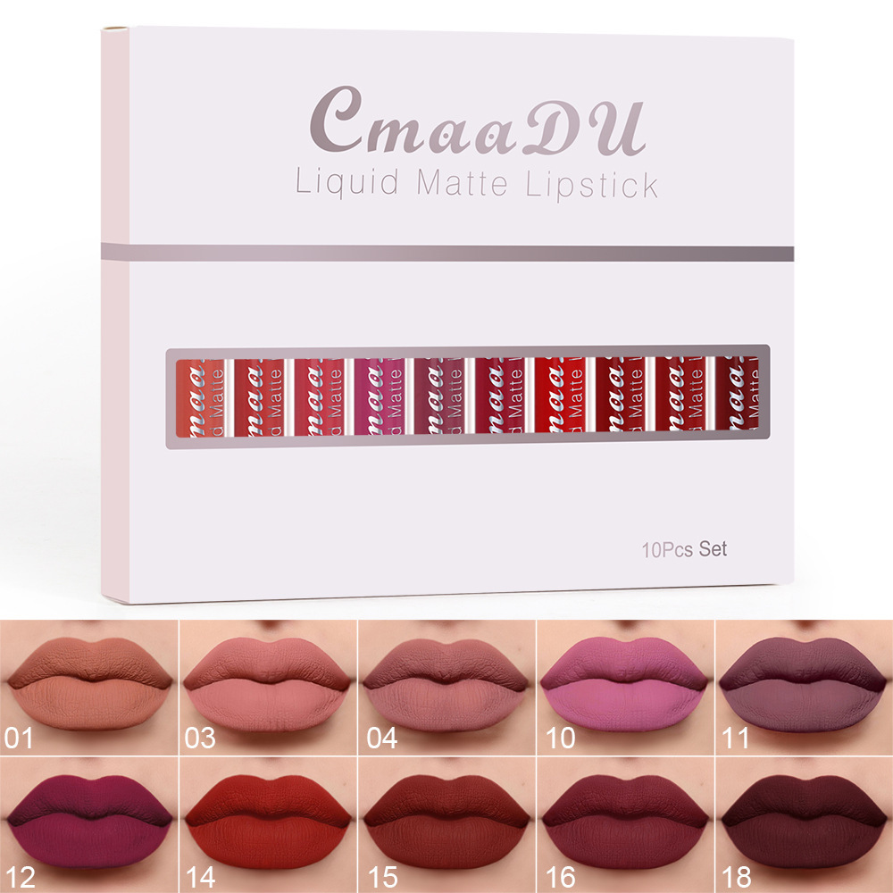 Cross-Border Exclusive Cmaadu 10-Pack Matte Long-Lasting Waterproof Lip Gloss Matte Non-Stick Cup Waterproof Long-Lasting Lipstick