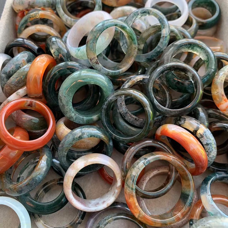 Q3 Natural A Water Grass Agate Ring Chalcedony Ice through Literature Fan Guo Feng Su Circle Finger Running Ring Jade Finger