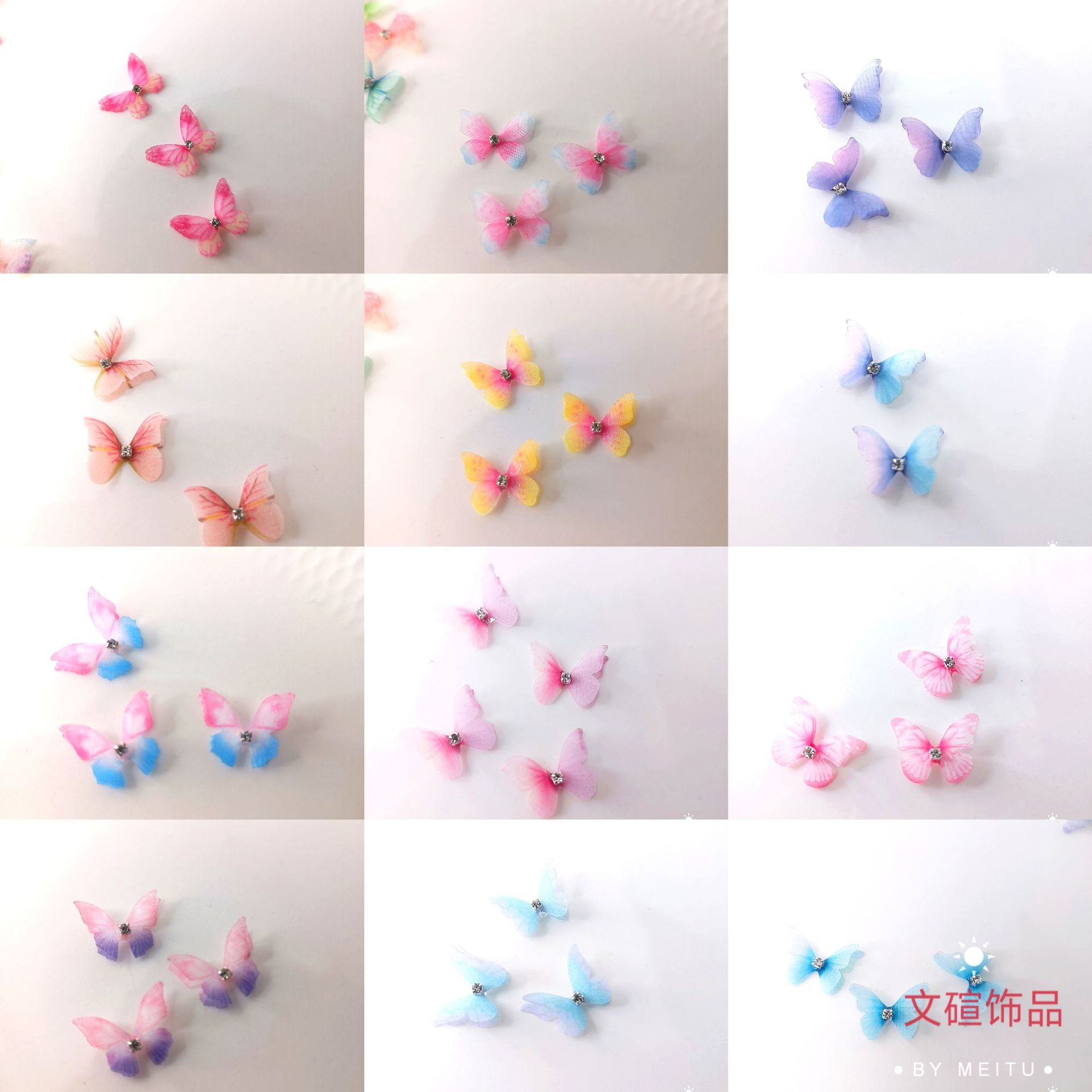2cm 100 Double-layer Butterfly with Diamond Double-layer Stereo Tulle Mesh Butterfly diy Nail Art Face Beauty Decoration.