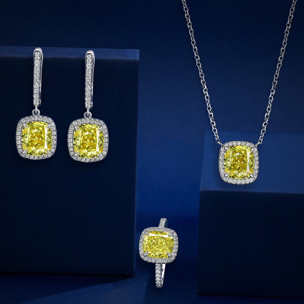 Shi Pei's New 3 karat Fat Square Goose Yellow/Pink Ice Flower Cut 8*9 High Carbon Diamond Ring Women's Fashion 4-12