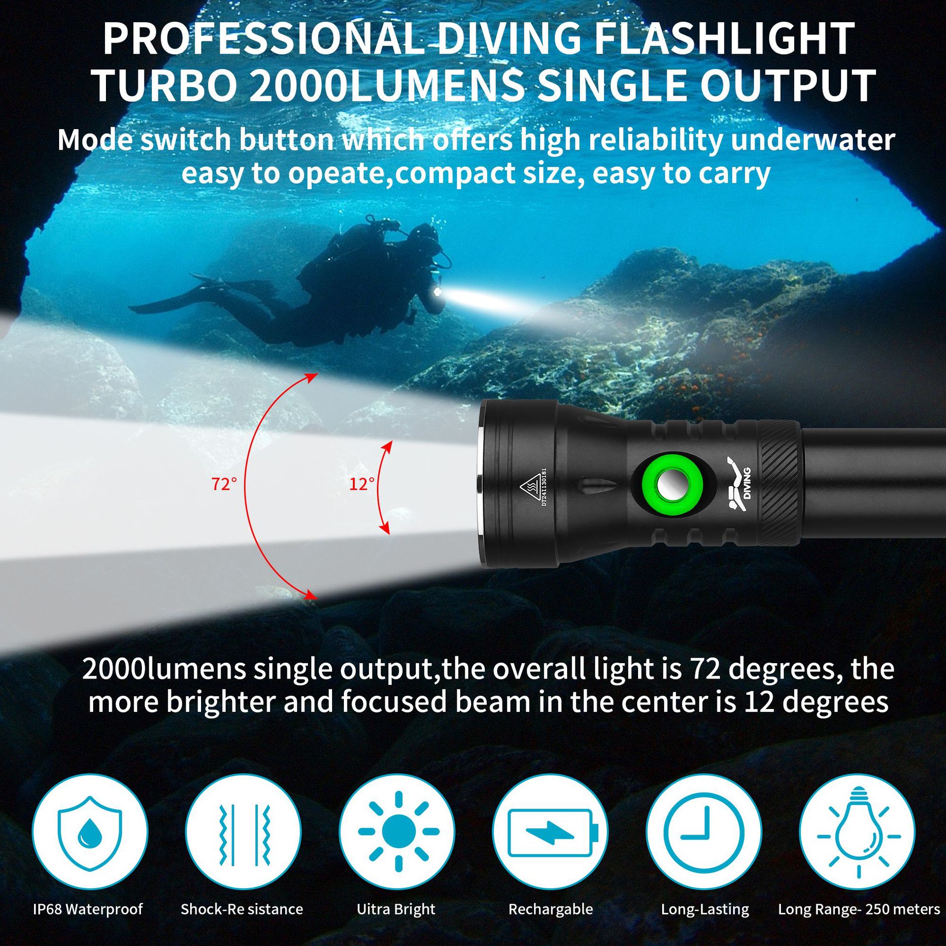 Diving Flashlight Underwater Professional Strong Light Waterway Dual-Purpose Deep Diving Night Diving 2000 Lumens Emergency Lighting