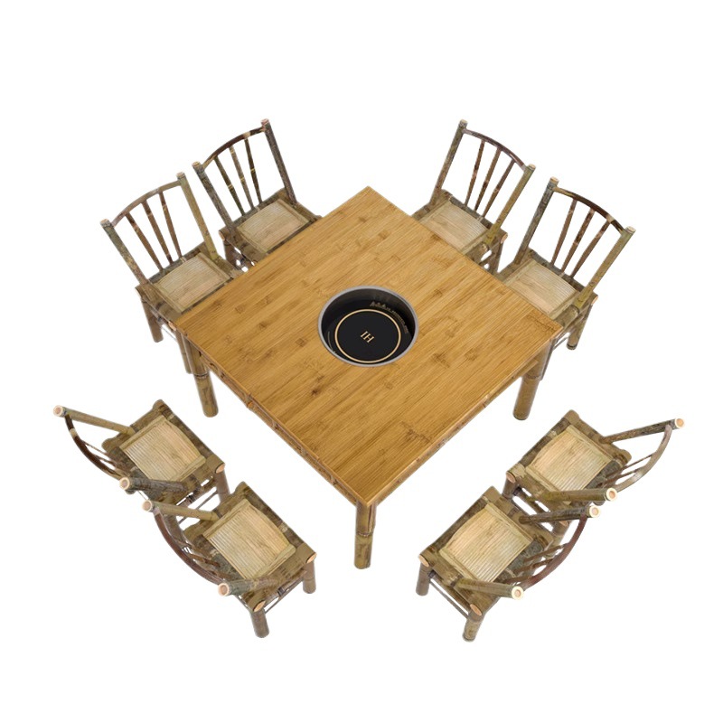 Bamboo Hot Pot Table and Chair Set for Restaurant, Eight Immortals Table, Square Table, Hot Pot Restaurant Commercial Dining Table and Chairs, Tea Brewing Table Around the Stove