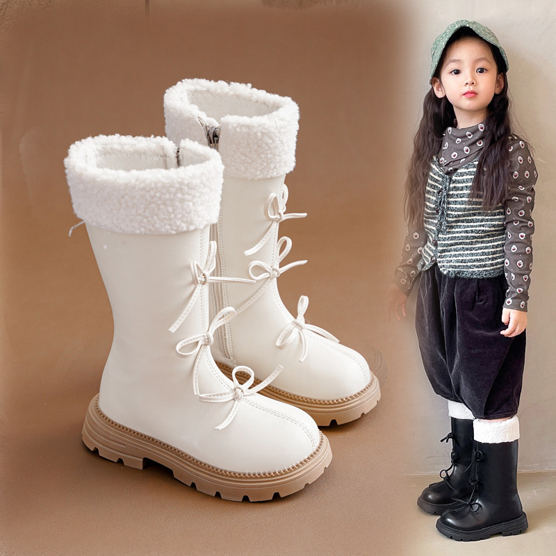Girls' Boots Shoes Kidsren's Long Boots 2025 Autumn and Winter New Winter High Leather Boots Princess Baby Fleece-Lined