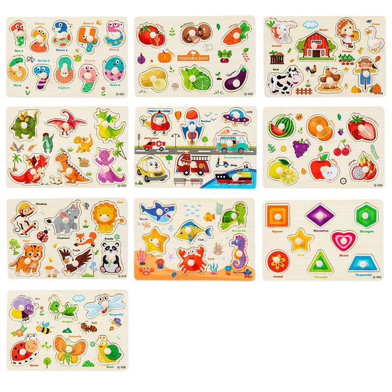 Wooden nail hand-held board jigsaw puzzle board baby digital animal toy early education children's educational wooden stereo cognition