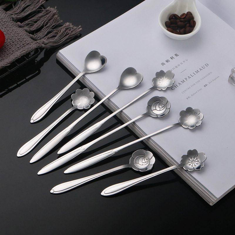 Bird's Nest Spoon Dessert Spoon Takeaway Stainless Steel Creative Cherry Blossom Spoon Golden Long Handle Mixing Spoon Cake Spoon Disposable