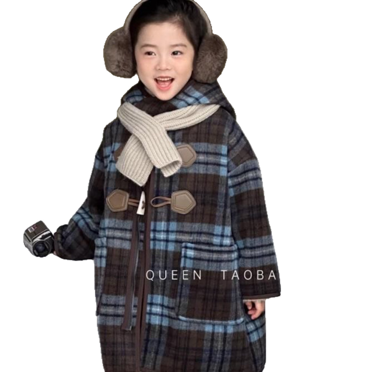 Korean Girls' Velvet Hooded Tartan Outwear 2025 Winter New Baby Style Long One-Piece Velvet Outwear