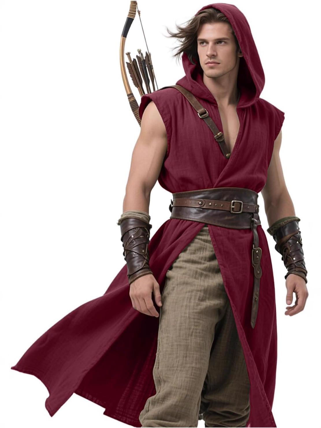 Men's Medieval Hooded Sleeveless Outerwear Renaissance Robe Sleeveless Vest Vikings