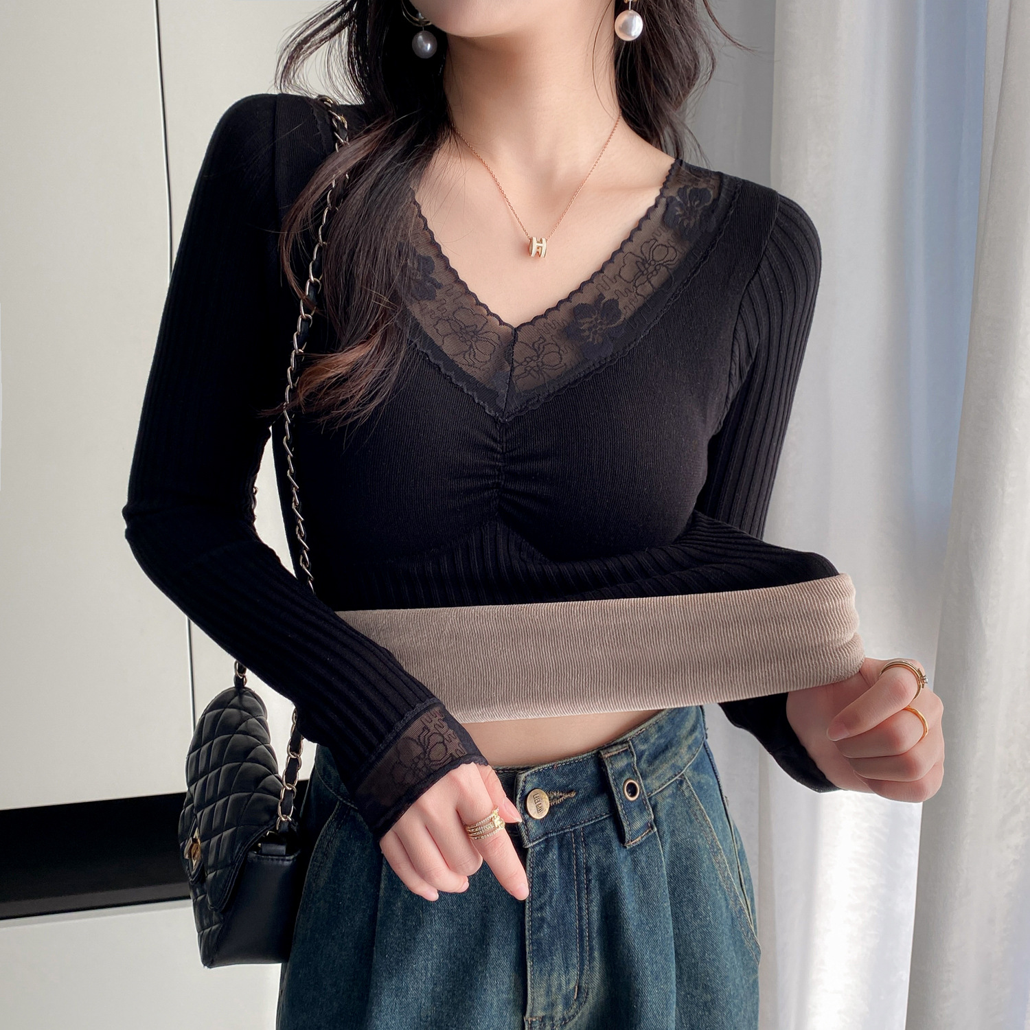 Топ с кружевным краем и V-образным вырезом для женщин, осень и зима, облегающий, с флисовой подкладкой, толстый, кофта для ношения под верхнюю одежду