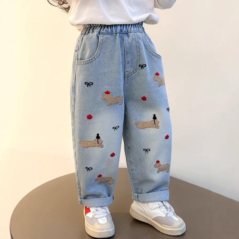 Джинсы для девочек весна-осень 2025, свободные прямые брюки для маленьких девочек