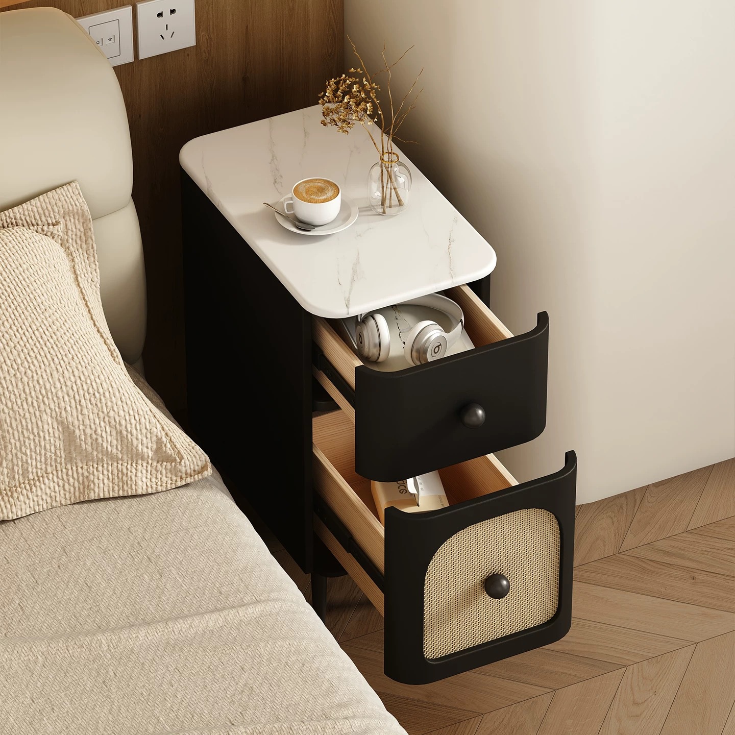 Solid Wood Bedside Table Bedroom Mini Small Mid-Century Style Narrow Side Cabinet with Light Wireless Charging Ultra-Narrow Cabinet Storage Cabinet