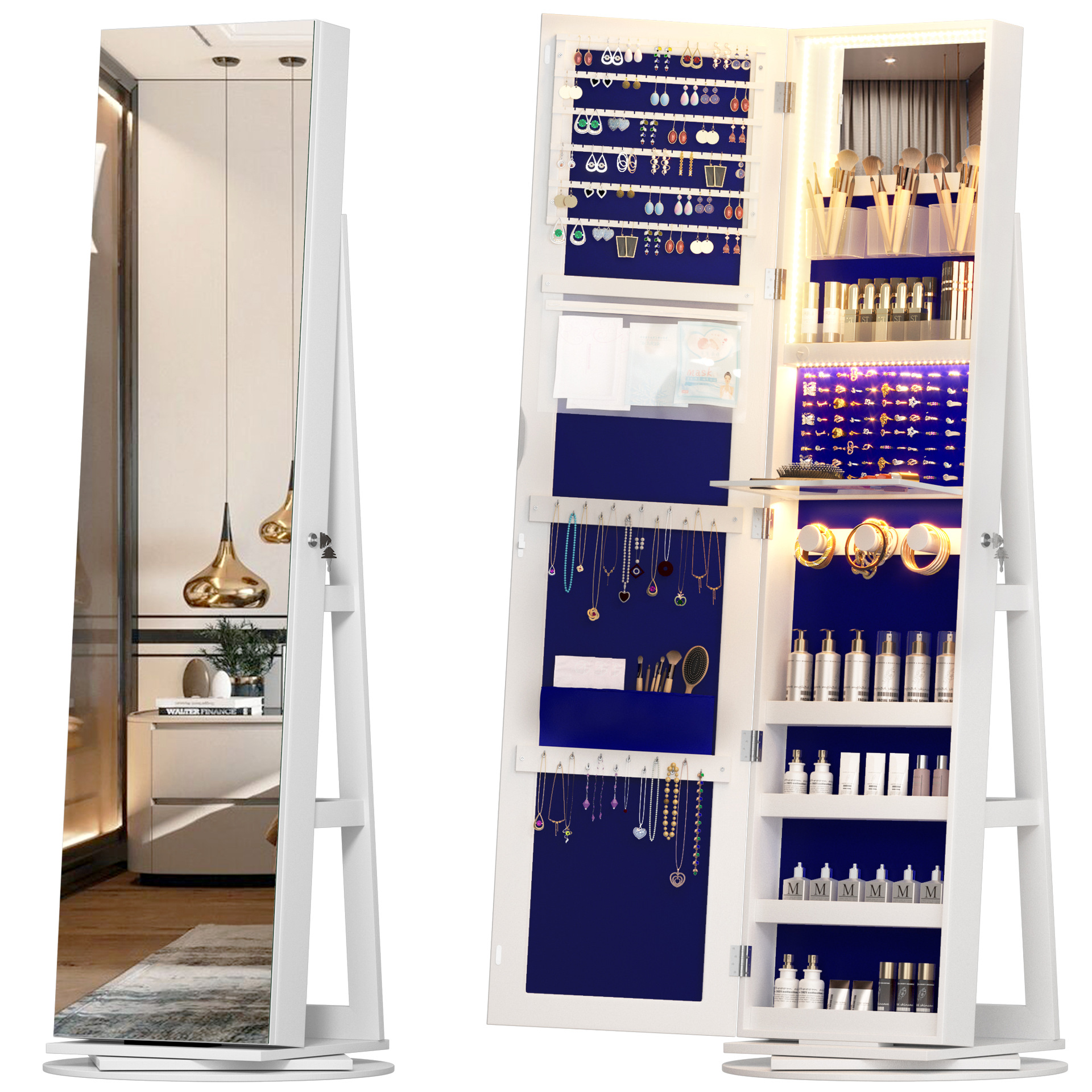 360 ° вращающийся ювелирный шкаф, большая ёмкость, LED ювелирный шкаф с зеркалом, запирающийся ювелирный шкаф и полка для хранения